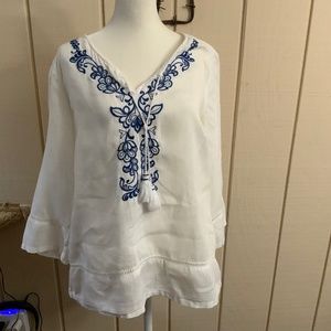 Cute linen white with blue stitched blouse.  Size M